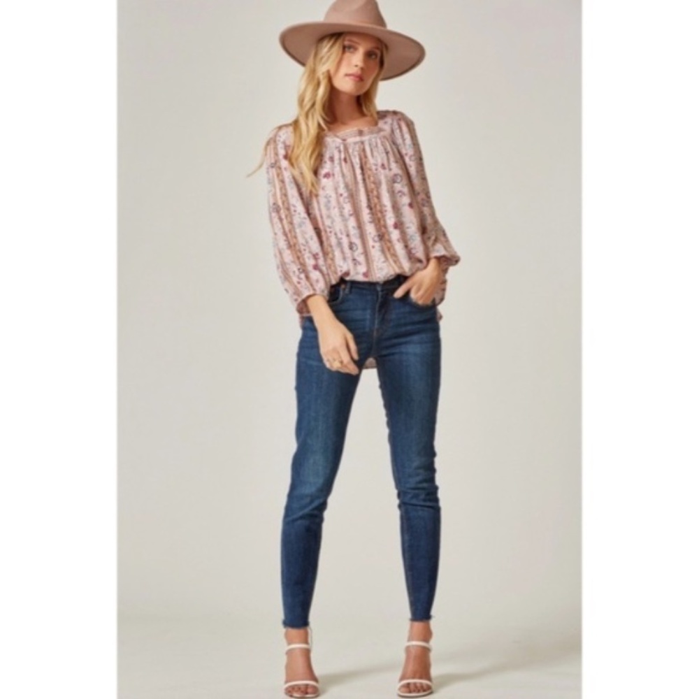 Mauve Bohemian Floral Print Peasant Long Sleeve Tie Back Square Neck Blouse - Picture 3 of 6